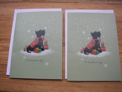 2 Charity Weihnachtskarten Scottie Hund schwarz Scottish Terrier Tartan Mantel Haustiere Stiefel