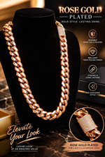 Rose Gold Plated Cuban Link Chain Necklace Rhinestone Pavé Box Clasp