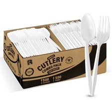 1000 Pcs Plastic Utensils Set - 500 Forks And 500 Spoons - Premium Plastic Fo...