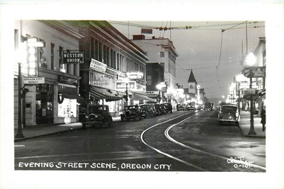 #ad 1940s Oregon City Evening Street Scene autos Railroad RPPC Postcard 25 10842 $20.99
