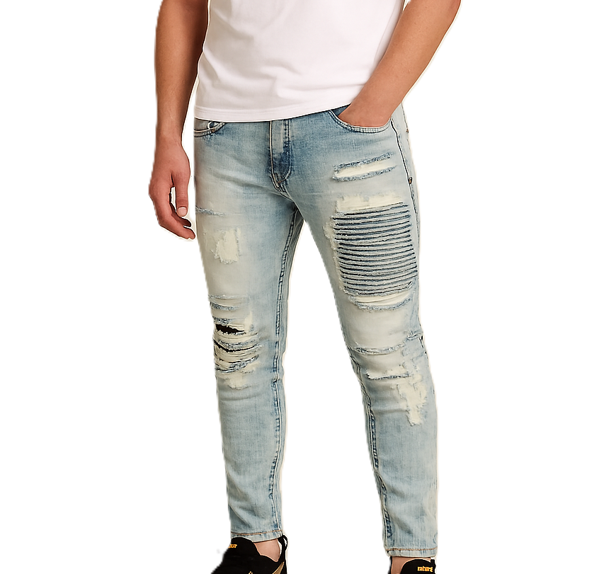 Mens Ripped Skinny Slim Fit Jeans Sky Light Blue Stretch Denim