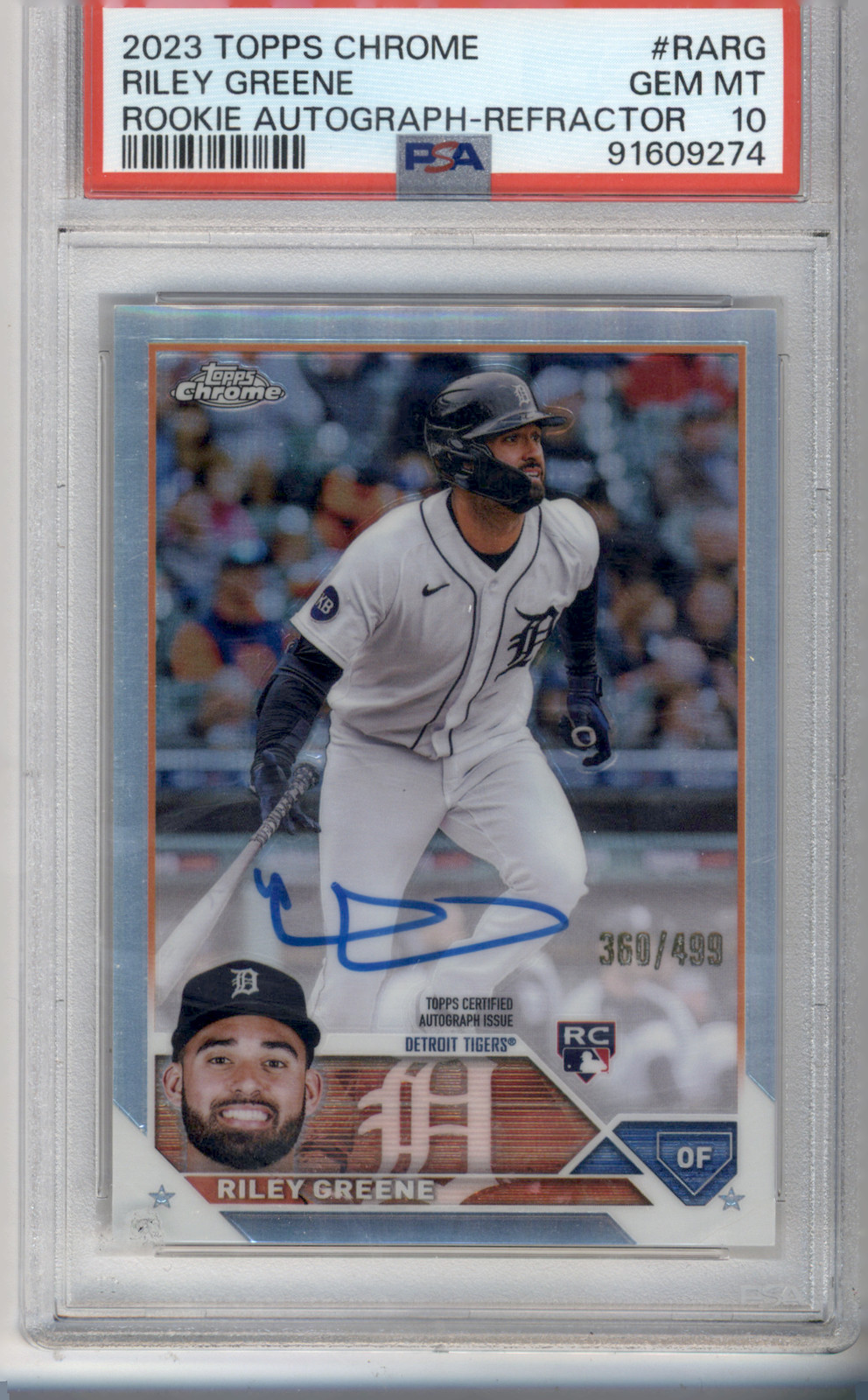 2023 TOPPS CHROME RC AUTO REFRACTOR #RARG RILEY GREENE ROOKIE RC /499 PSA 10