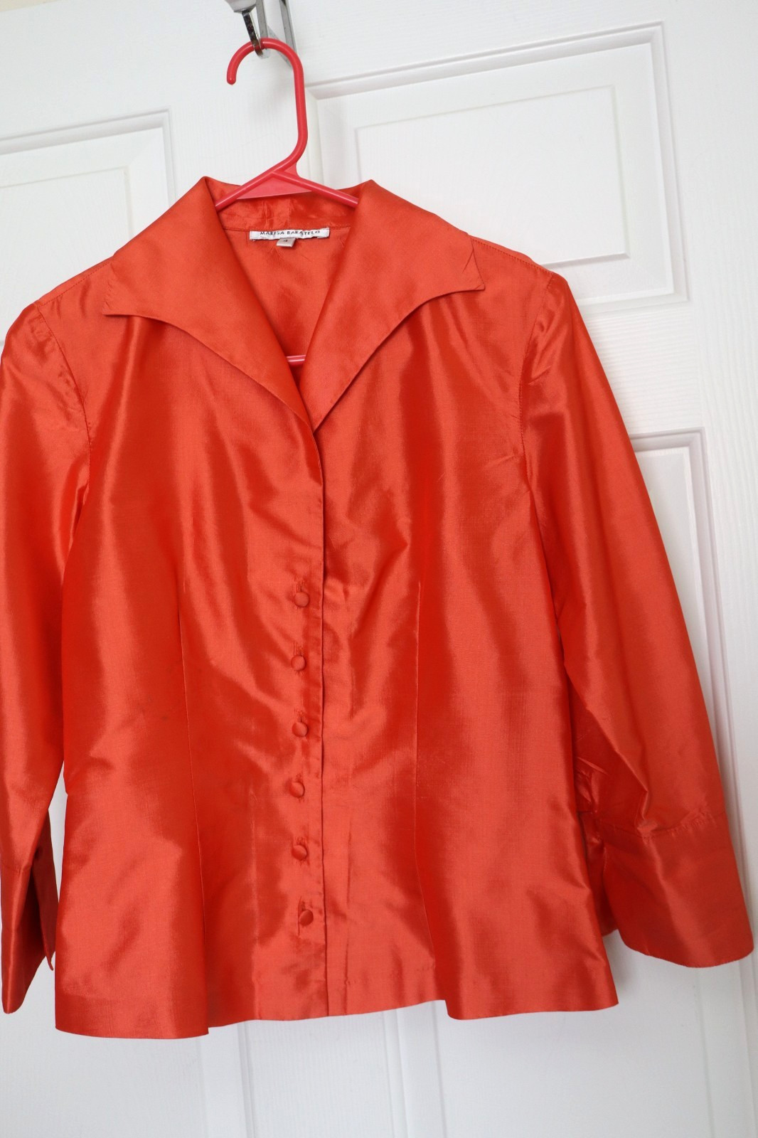 Marisa Baratelli Thai Silk Orange Iridescent Button Up Pleat Cuff Blouse Size 4