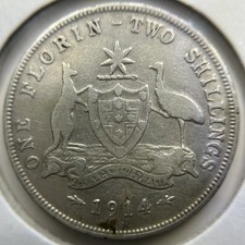 1914 h Florin Coin - almost Fine - Key Date Silver Predecimal George V