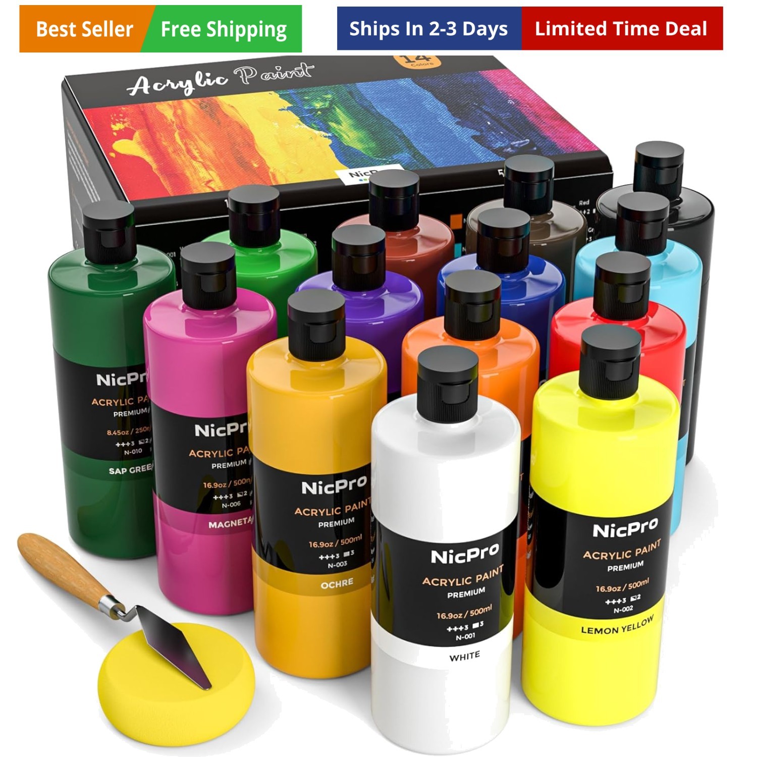 14 Colors Large Bulk Acrylic Paint Set 16.9 oz,500 ml Rich A