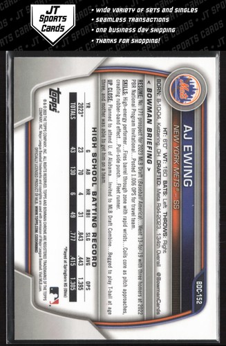 2023 Bowman Draft Sapphire AJ Ewing BDC-152 1st New York Mets - Picture 2 of 2