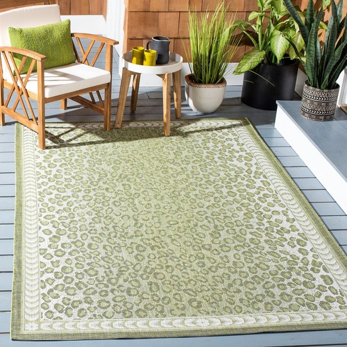 Courtyard Collection Area Rug - 8' x 10', Light Green & Ivory, Leopard Print ...