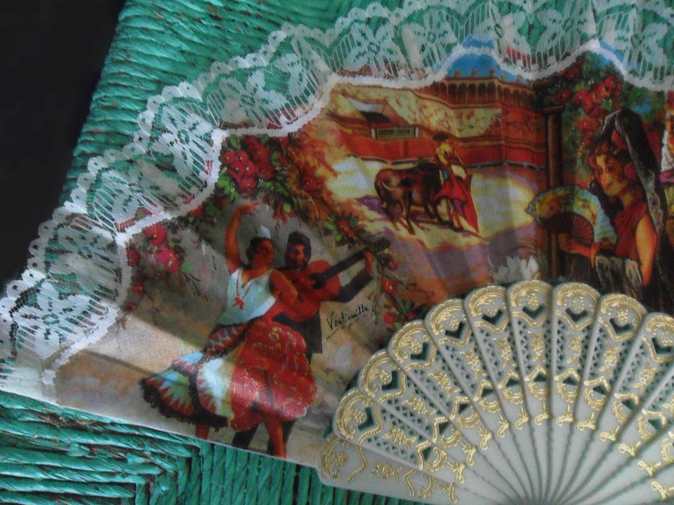 VENTILADOR DE MANO ESPAÑOL VINTAGE CON ENCAJE, UNA CARA, BAILARINES DE FLAMENCO, TOREADOR, MATADOR Foto 3 de 4