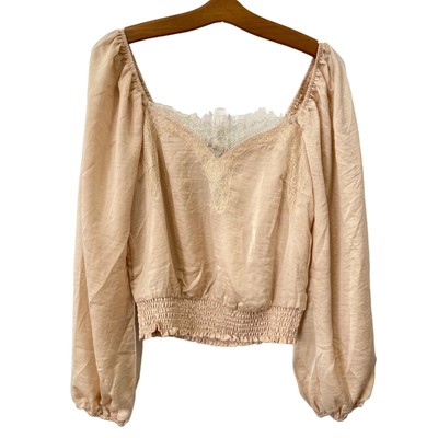 Lush Satin Lace Detail Puff Sleeve Top Womens M Smocked Hem Champagne Beige NEW