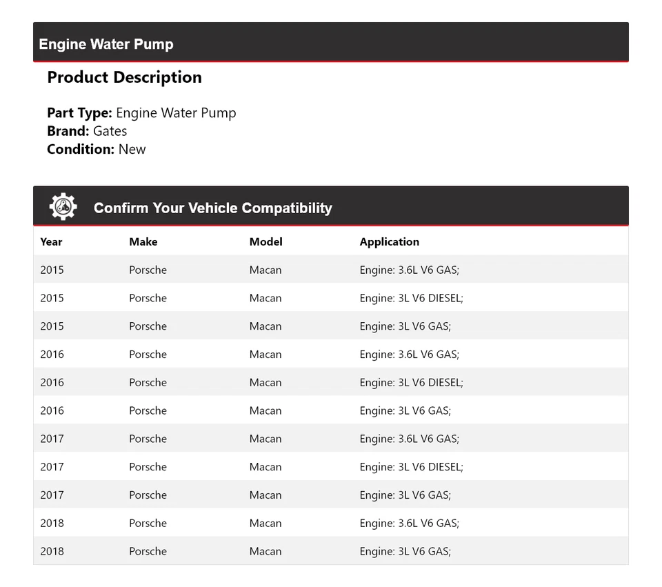 For 2015-2018 Porsche Macan Engine Water Pump Gates 2016 2017 - Изображение 2 из 4
