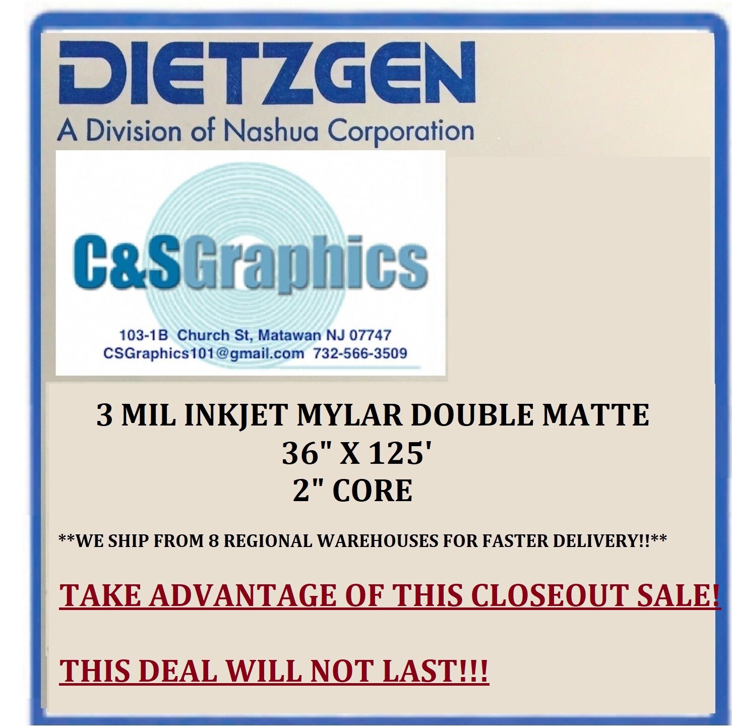 1 ROLL 36" x 125' 3 mil Double Matte Inkjet Mylar Plotter Film