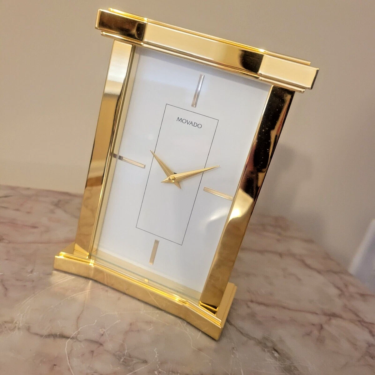 Vintage Movado gold TRADITIONAL SQUARE DESK TABLE or MANTEL carriage CLOCK
