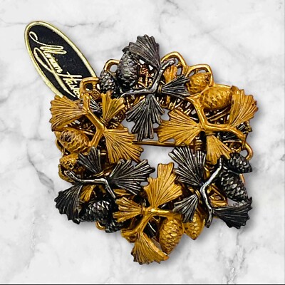 MIRIAM HASKELL Signed Leaf Baroque Pinecones Gold Silver Tone Brooch Pin w/ Tag 