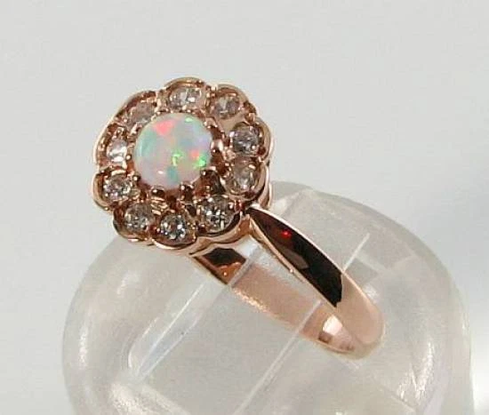 Anillo 9K 8CT Oro Rosa Ópalo Natural Redondo Cluster Halo Art Déco