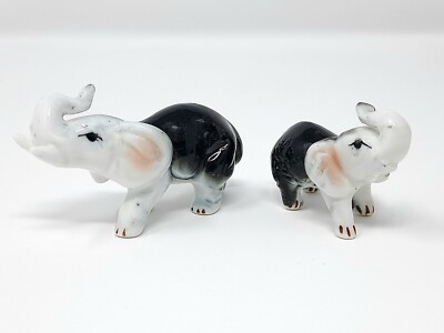 Porcelain Ceramic Elephant Figurines set of 2 vintage small trunk up for luck
