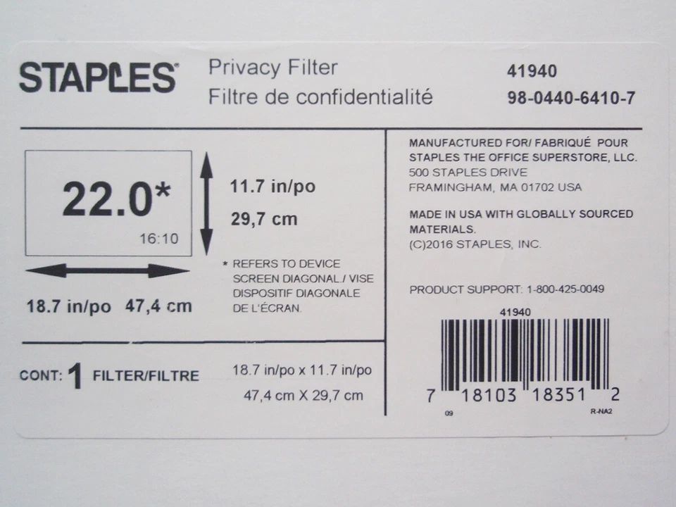 NEW Staples 41940 Laptop 22.0W 22" Widescreen Privacy Screen Filter, Black - Image 2 of 2