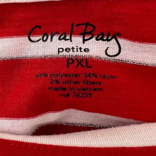 Coral Bay Womens Tee Petite XL Red White Stripe Boatneck Nautical 3/4 Sleeve - Picture 4 of 6