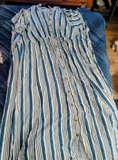 Blue White Striped Short Sleeve V-Neck Button Front Maxi Dress Women