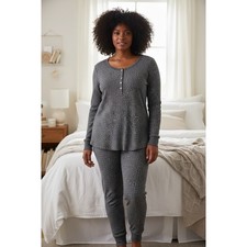 Jane  Bleecker Pajama Set Womens Large Gray Polka Dot Excellent Waffle Knit