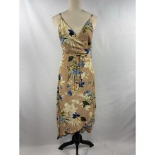 ASTR the Label Wrap Dress Tan Peach Floral Print Large V-neck Spaghetti Strap