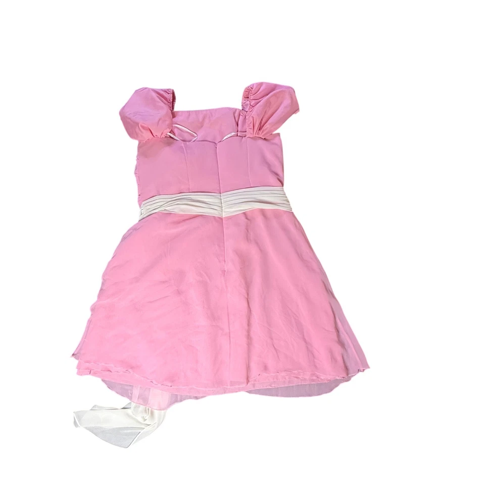 Pink Ruched Puff Sleeve Dress with Cream Sash Belt - Image 3 of 4