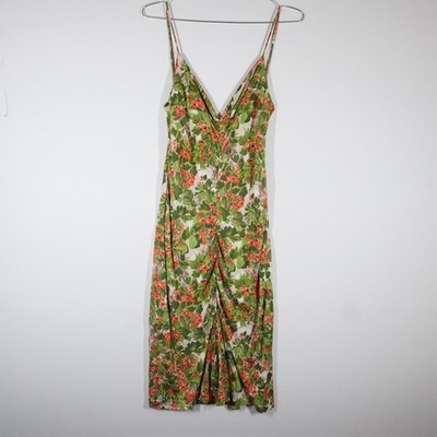 VTG Y2K Milly Silk Floral Midi Dress Green Red Ruched V-Neck Slip Dress S Garden