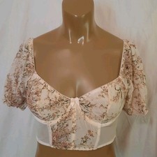 Womens Floral Mesh Puff Sleeve Sweatheart Neck Bustier Corset Top Size Medium