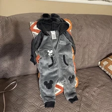 Gray Disney Baby Size 6-9 Mo Mickey Mouse One Piece Romper Long Sleeve