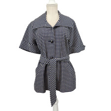 Trina Turk Belted Short Sleeve Blazer Jacket Women's 10 Navy White Textured