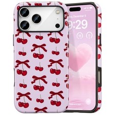  Case for Cute Pink Bow Cherry Print Aesthetic iPhone 17 Pro Cartoon/Glossy