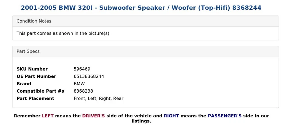 2001 - 2005 宝马 320I - 低音炮扬声器/低音炮(高保真)8368244 — 第 4/4 张图片