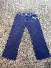 Vtg Juicy Couture Velour Pants Womens Large Blue Wide Baggy USA Made Spell Out