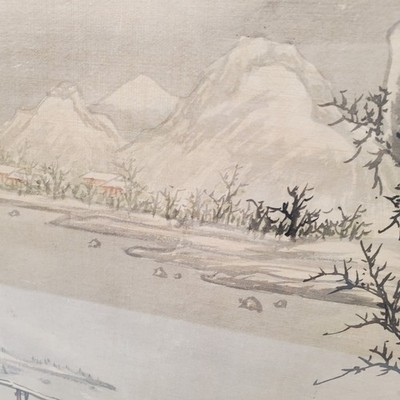 Vintage Chinese Shan Shui Silk Painting Landscape River Boat