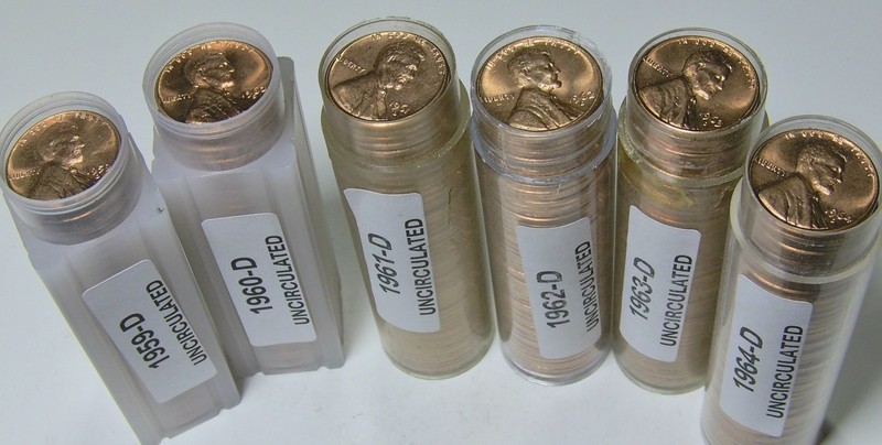 6 Rolls Uncirculated Lincoln Penny 1959-D, 1960-D, 1961-D, 1962-D, 1963D, 1964-D