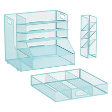 1-Pack Desk Organizer with 5-Tier Mesh Paper Letter Tray, Pen Holder, Drawer, 3-