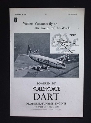 Original 1954 Reklame Rolls-Royce Dart Vickers Viscount Flugzeugmotoren
