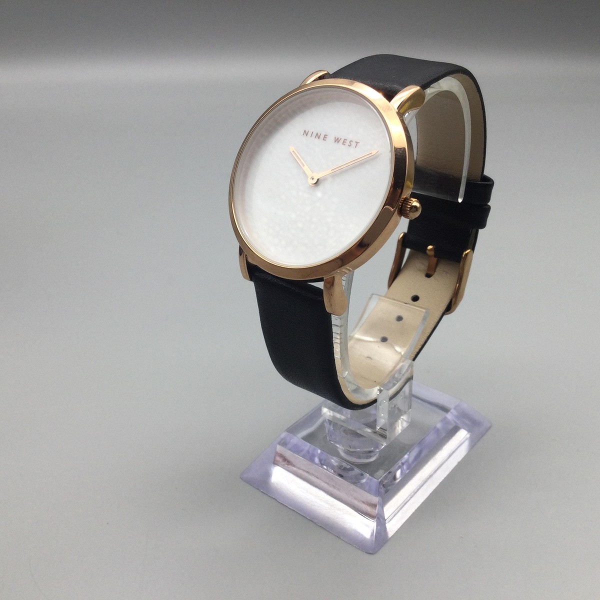 Elegant Nine West Women\'s Watch with Black Strap & Two-Tone Bezel New Battery Nine West Womens Watch 36mm MOP Dial Rose Gold Black Faux  main image 2