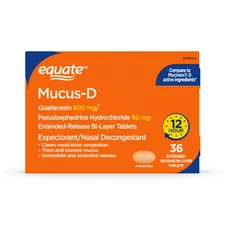 EQUATE MUCUS-D - GUAIFENESIN 600MG - EXPECTORANT - 36 TABLETS - LOT OF 2