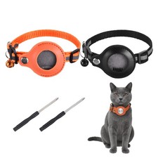 2Pcs 8.7"-13.4" Cat Tracker Collar with Leather Tracker Holder Black/Orange