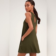 Lulus Camila Washed Olive Green Sleeveless Swing Dress SMALL
