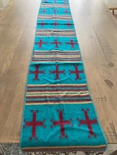 Southwestern Style Fringed Scarf or Table Runner 12”x72” Turquoise with Cross