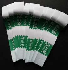 10 - Green $200 Cash Money Self-Sealing Straps White Saw Tooth Currency Bands 