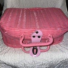 Vt Children's Tea Set Mini Pot Cups Saucers Pink Flowers  Green Wicker Basket