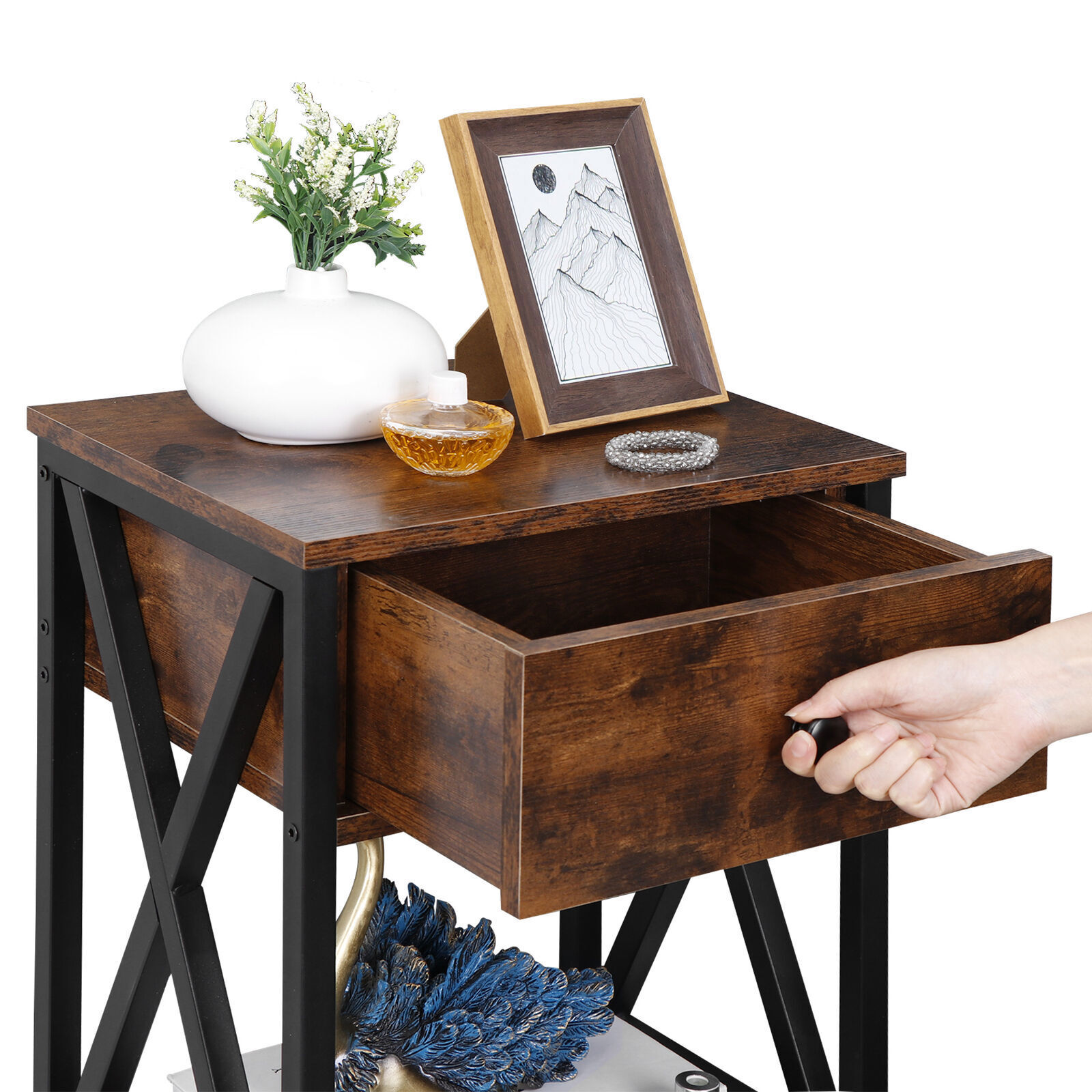 Set of 4 Brown End Table W/ Drawers X Design Small Wooden Side Table Living Room | eBay