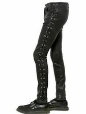 Genuine Side Lace Biker Stylish Black Designer Soft Lambskin Leather Pants Men