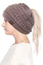 C.C Women Warm Beanie tail Ponytail Messy Bun Solid Ribbed Knit Beanie Hat