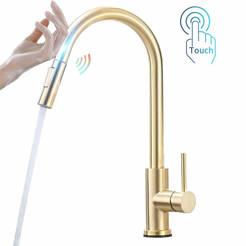 Brushed Gold Touchless Kitchen Faucets Pull Down Sprayer Stainless