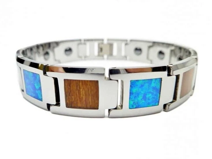PULSERA DE CARBURO DE TUNGSTENO ÓPALO AZUL MADERA KOA HAWAIANO CON INCRUSTACIONES GENUINAS 14 MM 8 3/8" Foto 2 de 3