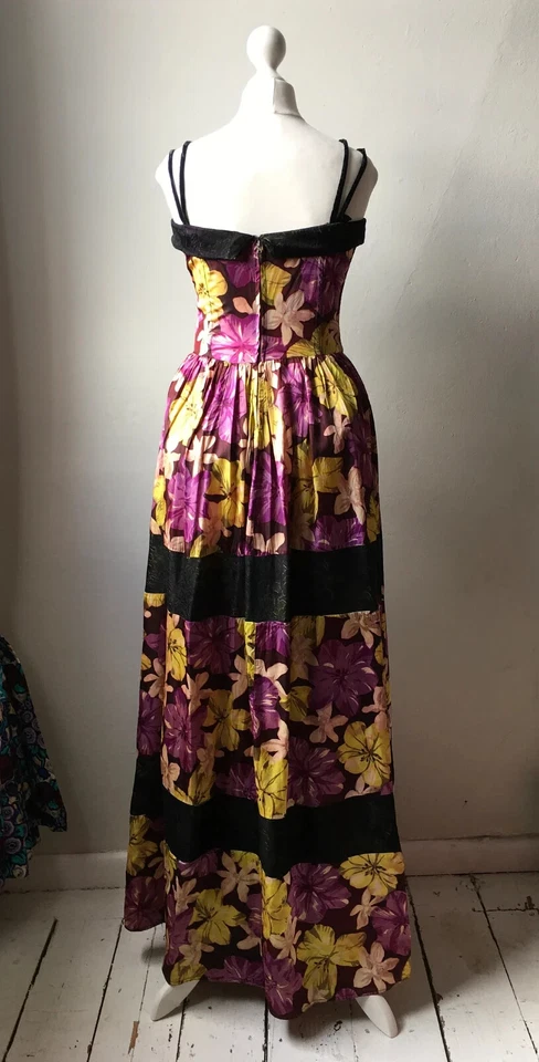 Vestido de noche de colección años 50 estampado floral tafetán acetato y encaje sin mangas UK4 Foto 4 de 4
