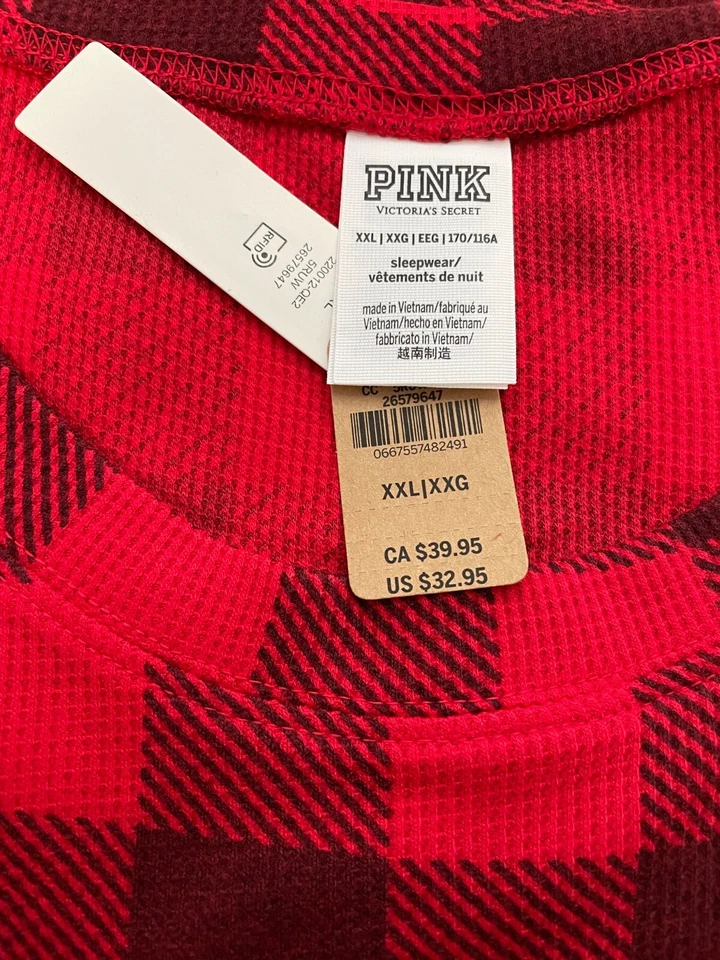 Camisa para dormir Victoria Secret ROSA manga larga para mujer 2XL térmica pin up cuadros rojos Foto 2 de 2